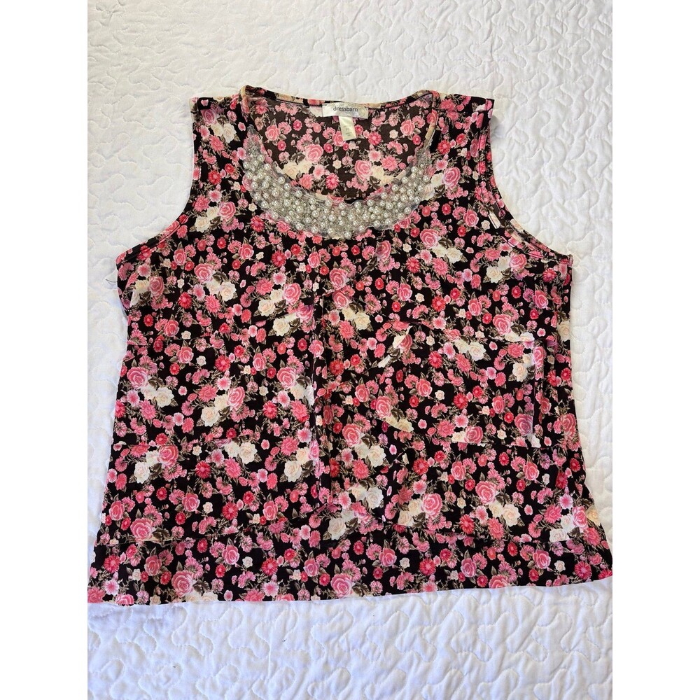 Dressbarn Pink Floral Print Pearl Neckline Sleeveless Blouse size petite large